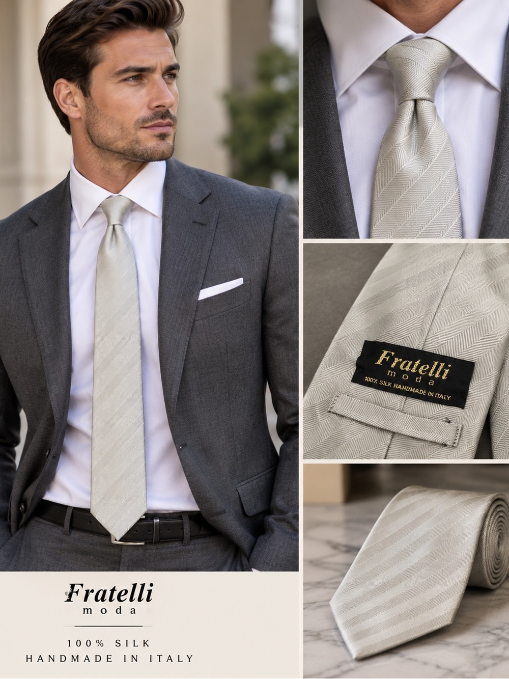 Cream Silk Tie - Subtle Herringbone Stripe
